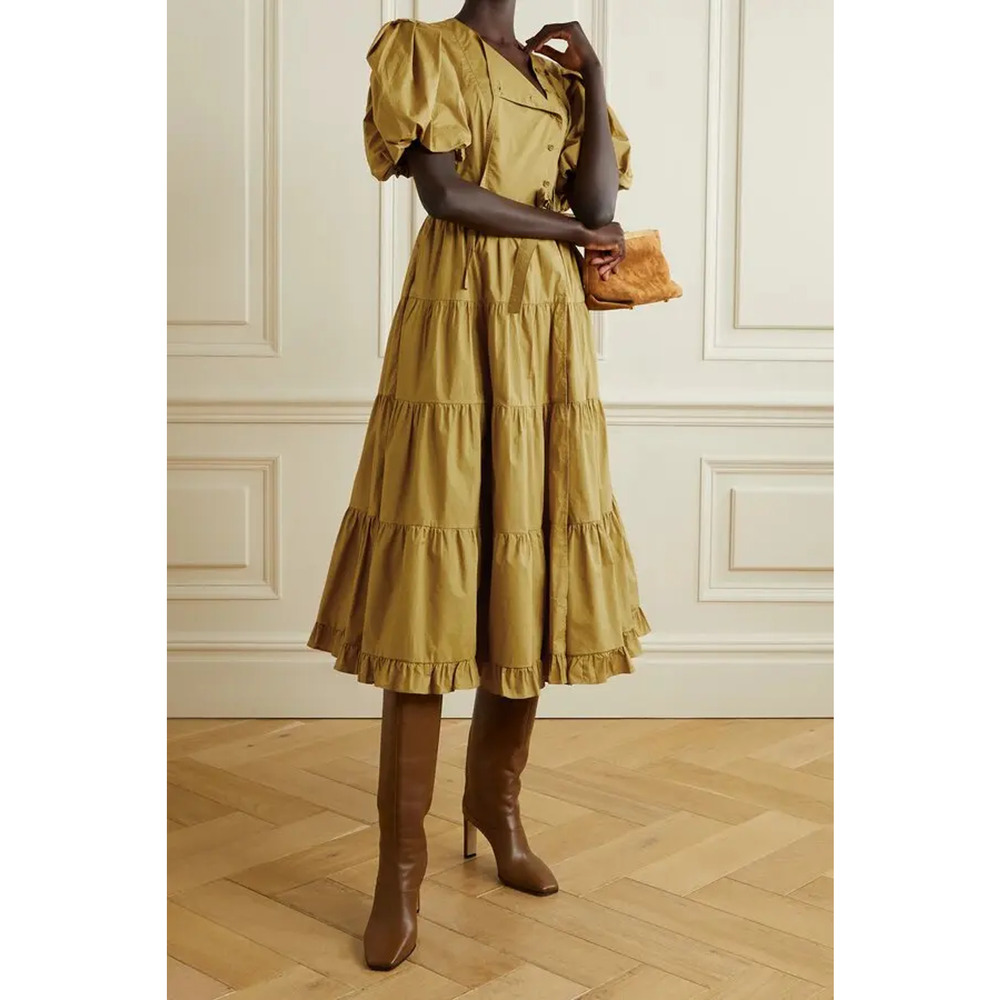 Ulla Johnson Agathe Cotton Poplin Wrap Midi Dress Tobacco Yellow Womens Small